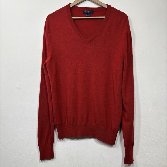 Brooks Brothers Men's Sweater Red Large V Neck Long Sleeve Saxxon Wool Pullover - Picture 1 of 7